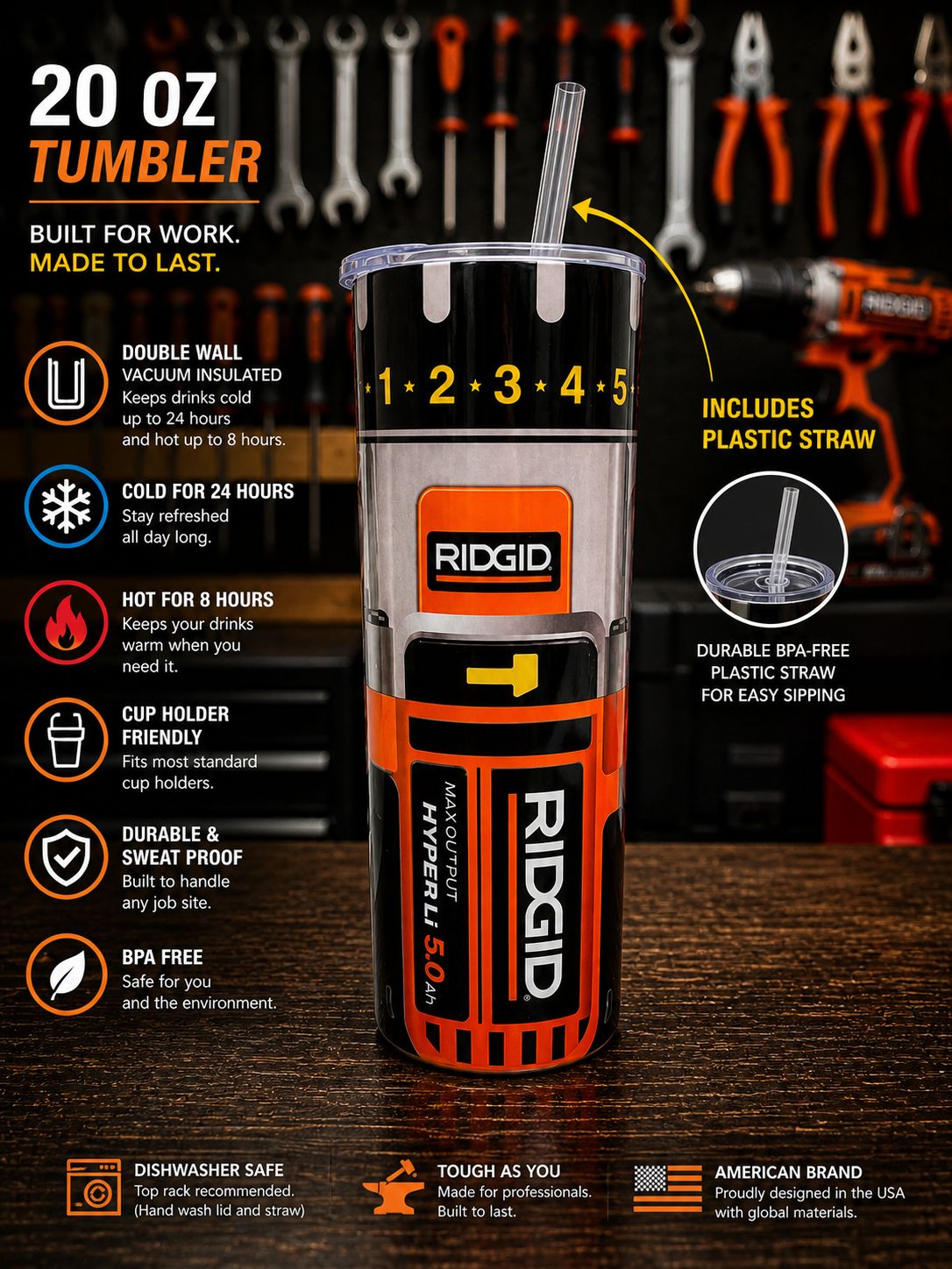 RIDGID 20oz Heavy Duty Tumbler w/ Plastic Straw – Built for Work, Extreme Insulation, BPA Free