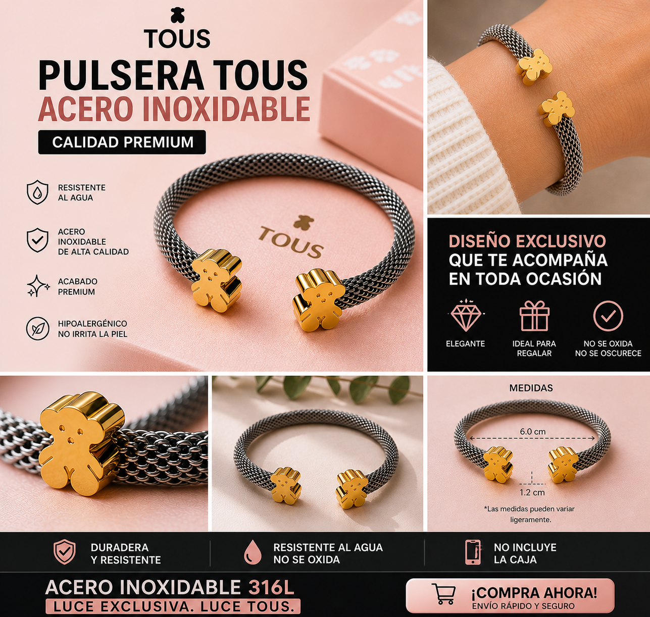 TOUS Stainless Steel Bracelet – Elegant, Water-Resistant, and Hypoallergenic (Box Not Included) Adjustable