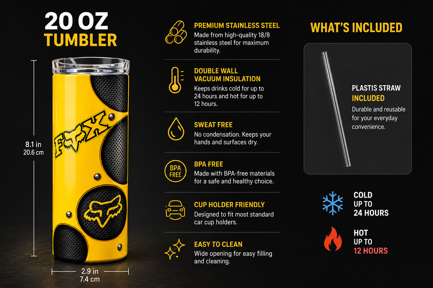 FOX Style 20oz Stainless Steel Tumbler – Motocross Inspired Insulated Cup with Lid & Straw