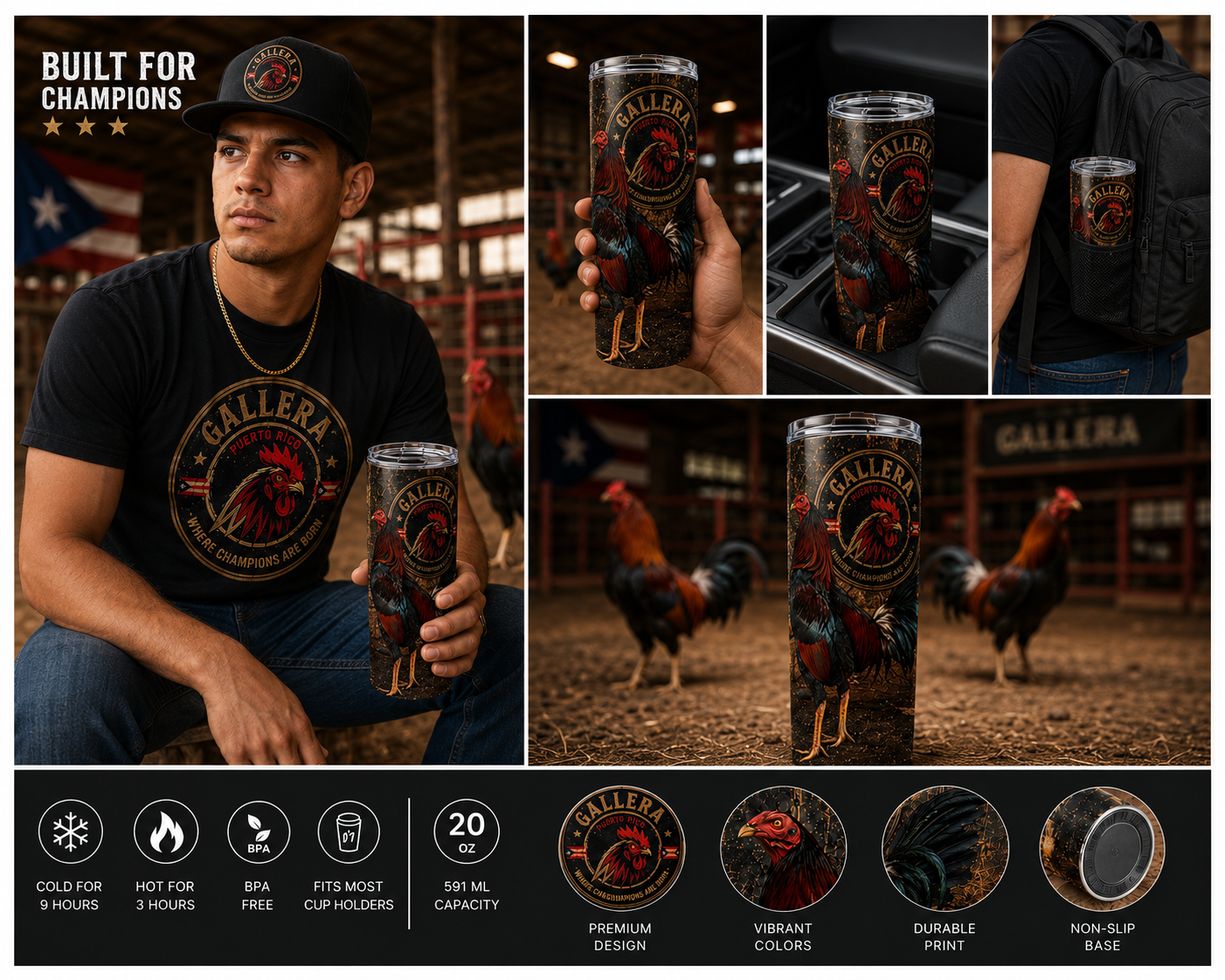 Gallera Puerto Rico Rooster Tumbler 20oz – Premium Stainless Steel Insulated Cup
