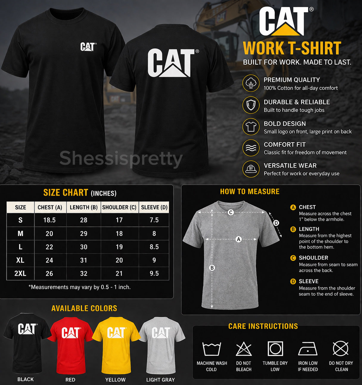 CAT Heavy Duty Workwear T-Shirt Men Durable Cotton Bold Streetwear Graphic Tee