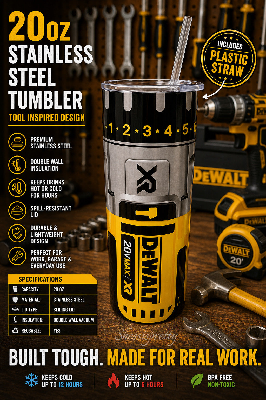 DeWALT 20V MAX Power Drill Brushless Mechanic Cup Mug Tumbler 20oz DeWalt Drill