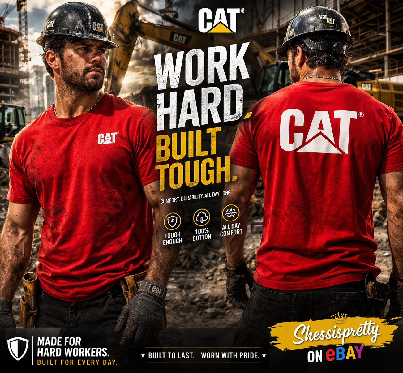 CAT Heavy Duty Workwear T-Shirt Men Durable Cotton Bold Streetwear Graphic Tee