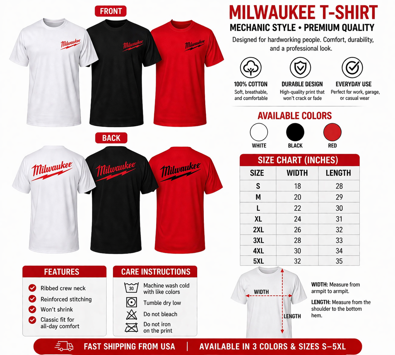 Milwaukee Style Mechanic T-Shirt 100% Cotton | Work Shirt Men | Durable Graphic