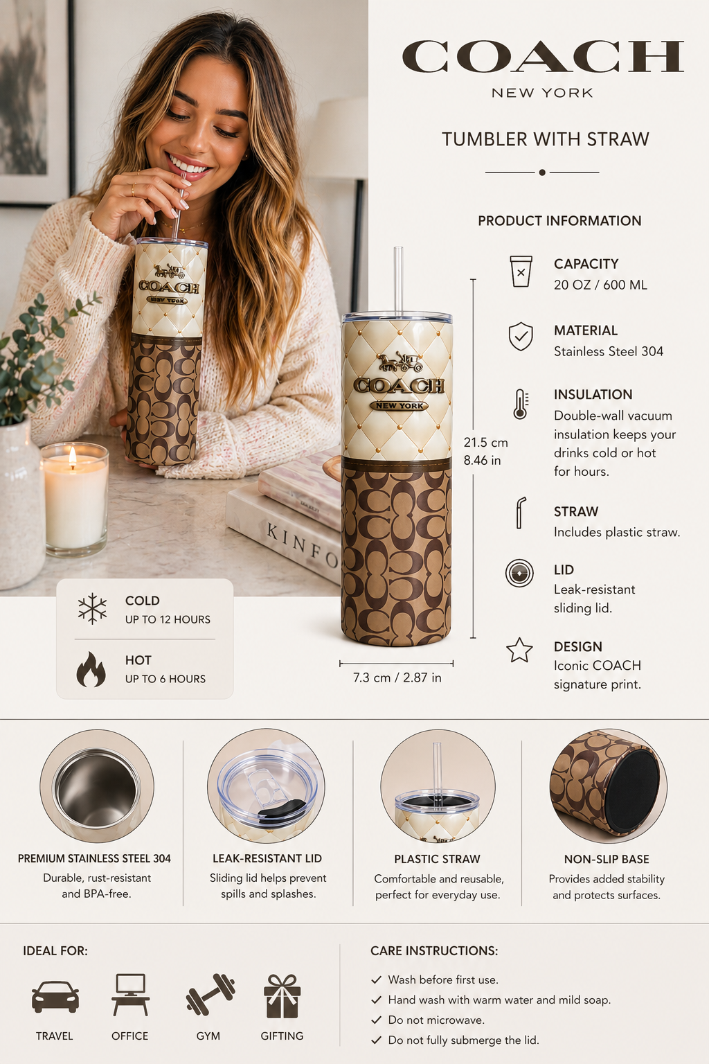 COACH New York 20oz Stainless Steel Tumbler with Plastic Straw – Double Wall Insulated Travel Cup