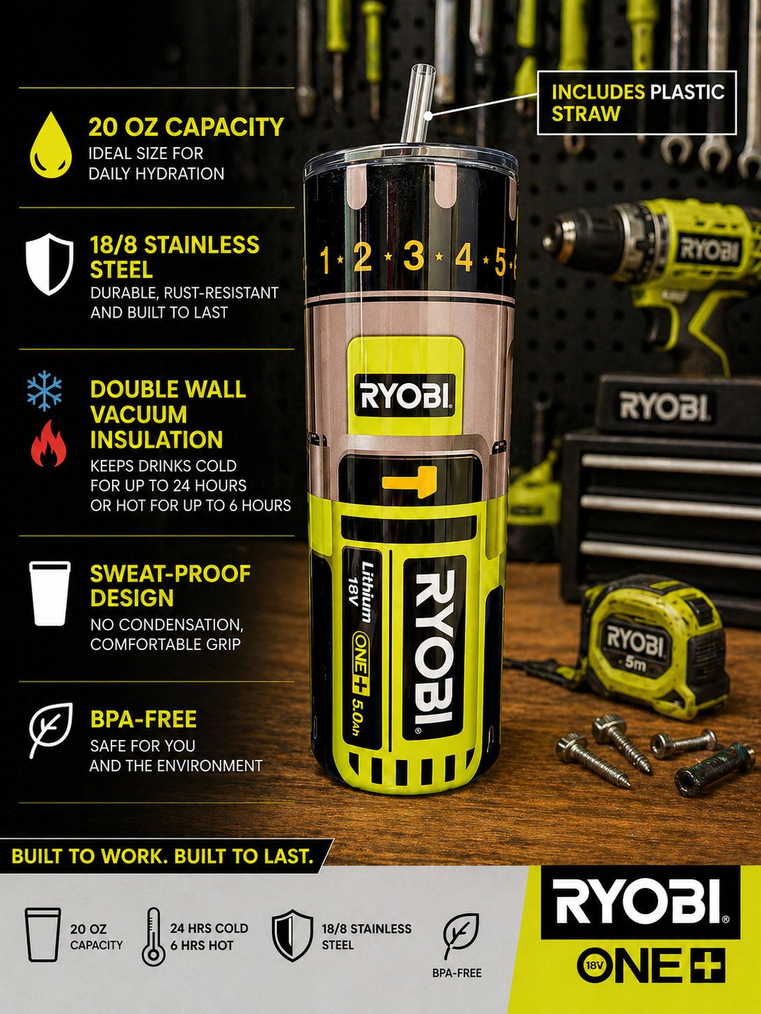 20oz Insulated Tumbler Ryobi Style Cup Stainless Steel Travel Mug w/