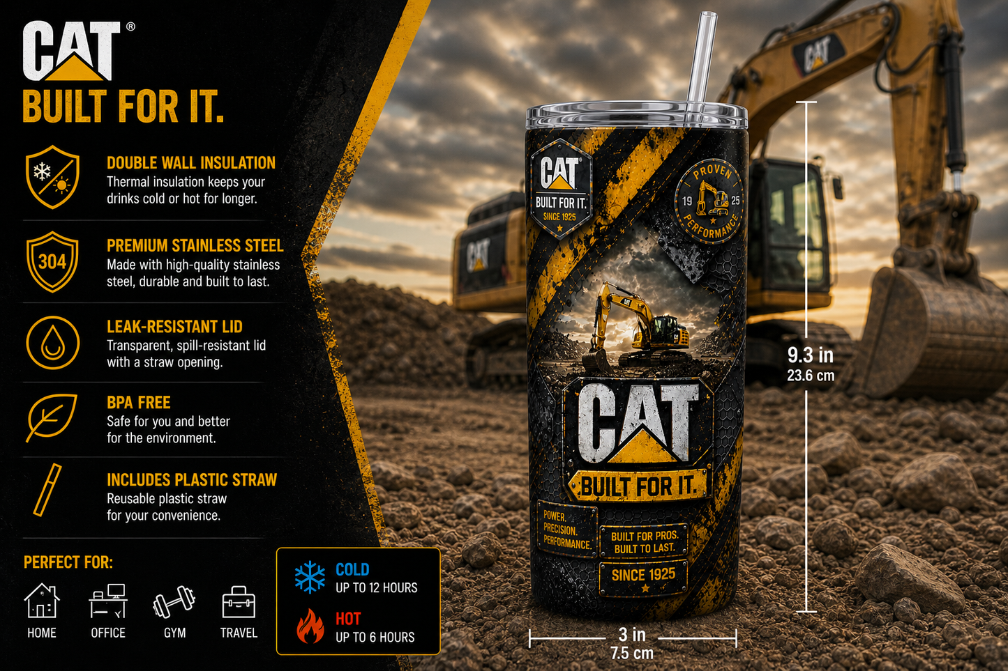 CAT Tumbler 20oz – Insulated Stainless Steel Cup with Lid & Straw | Built For It