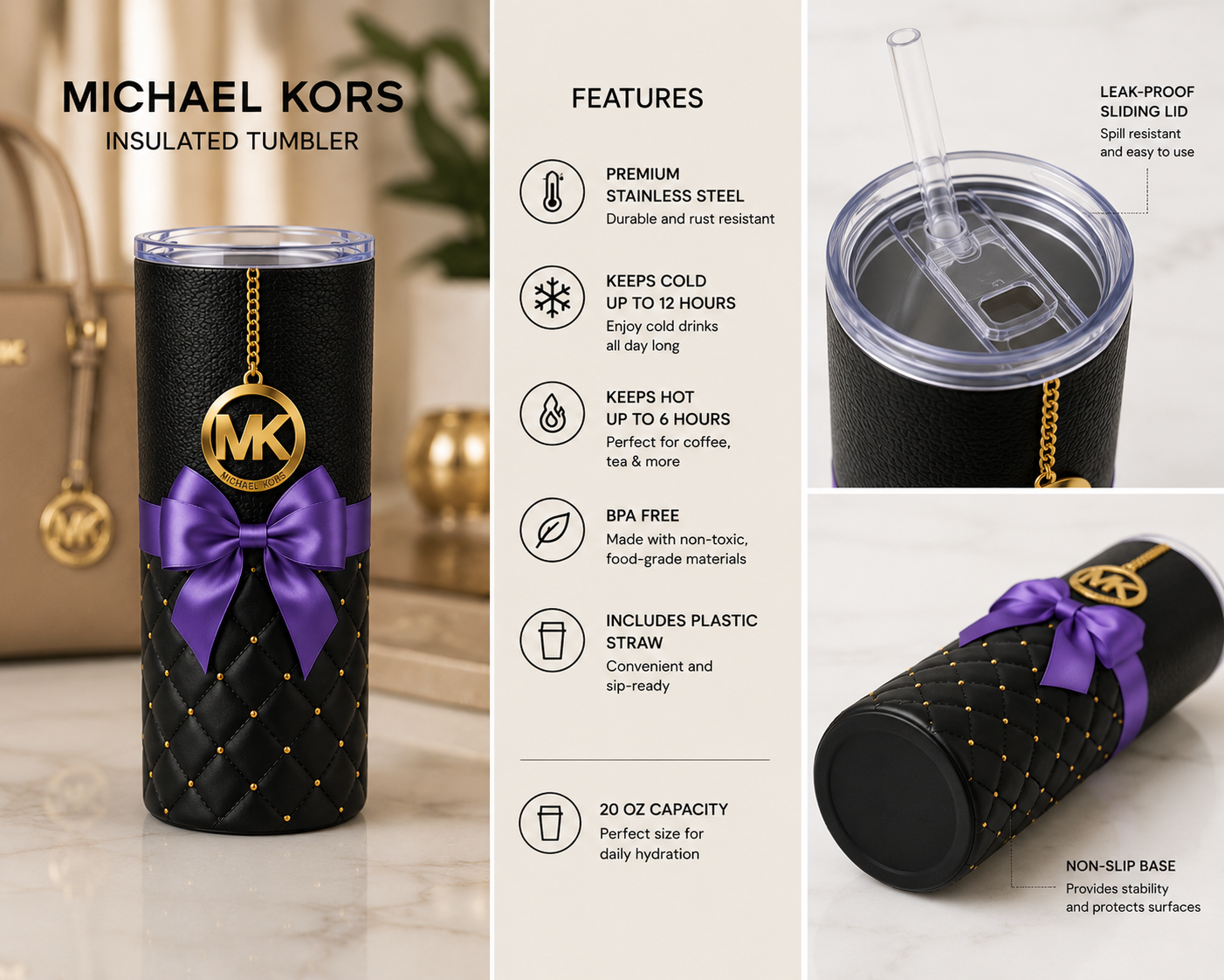Michael Kors Inspired Purple Bow 20oz Skinny Tumbler with Straw | Stainless Steel Insulated Cup