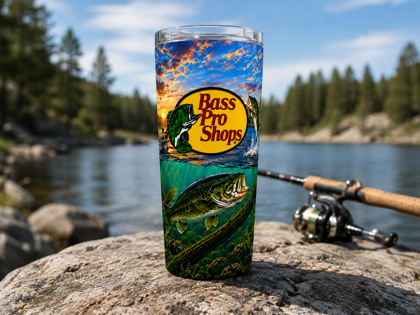 20oz Fishing Tumbler Bass Pro Shops Style Stainless Steel Cup w/ Lid & Straw