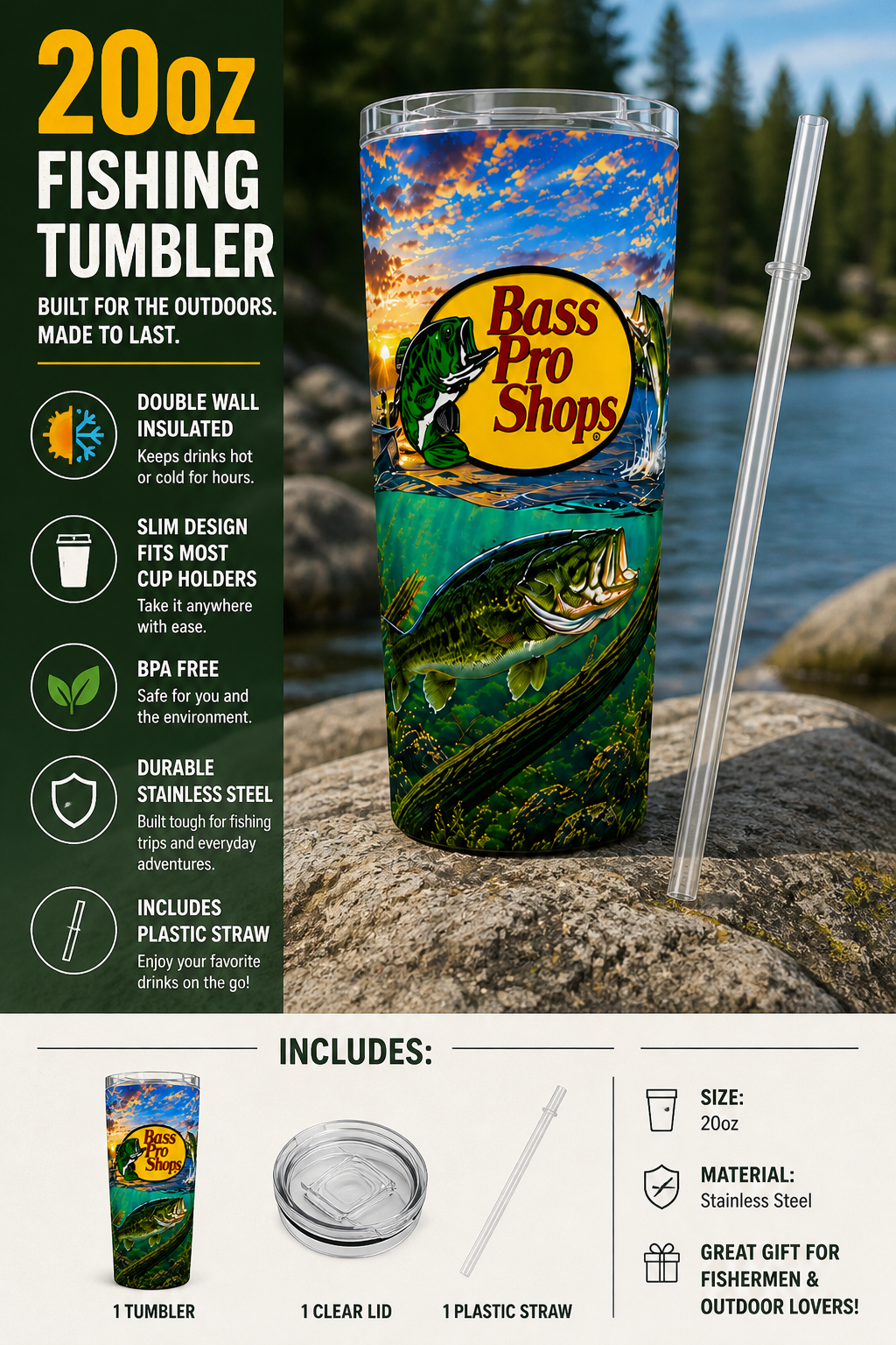 20oz Fishing Tumbler Bass Pro Shops Style Stainless Steel Cup w/ Lid & Straw