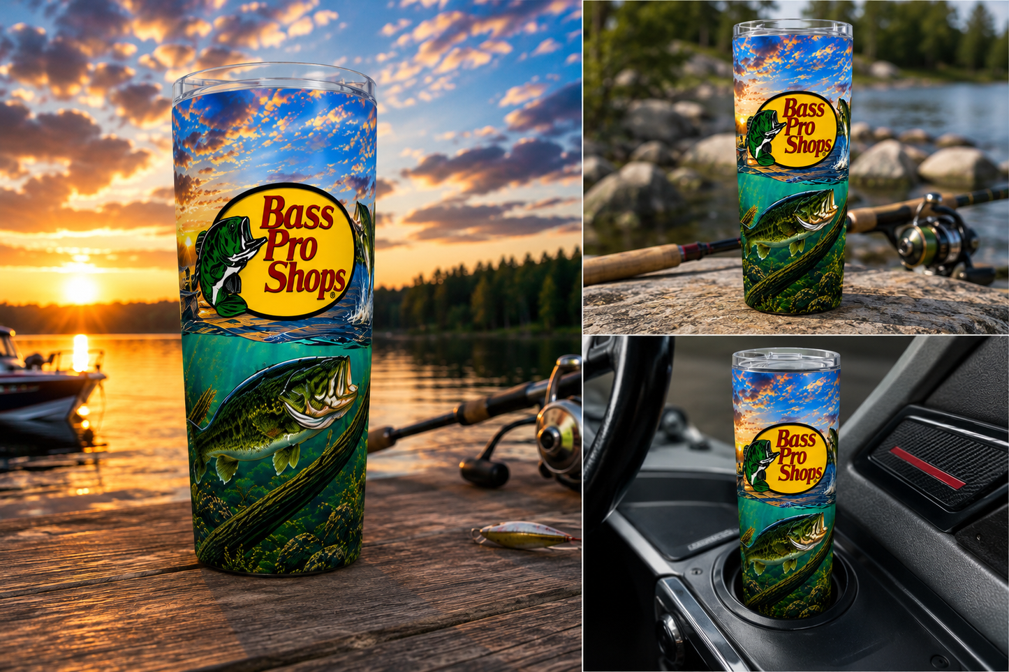 20oz Fishing Tumbler Bass Pro Shops Style Stainless Steel Cup w/ Lid & Straw