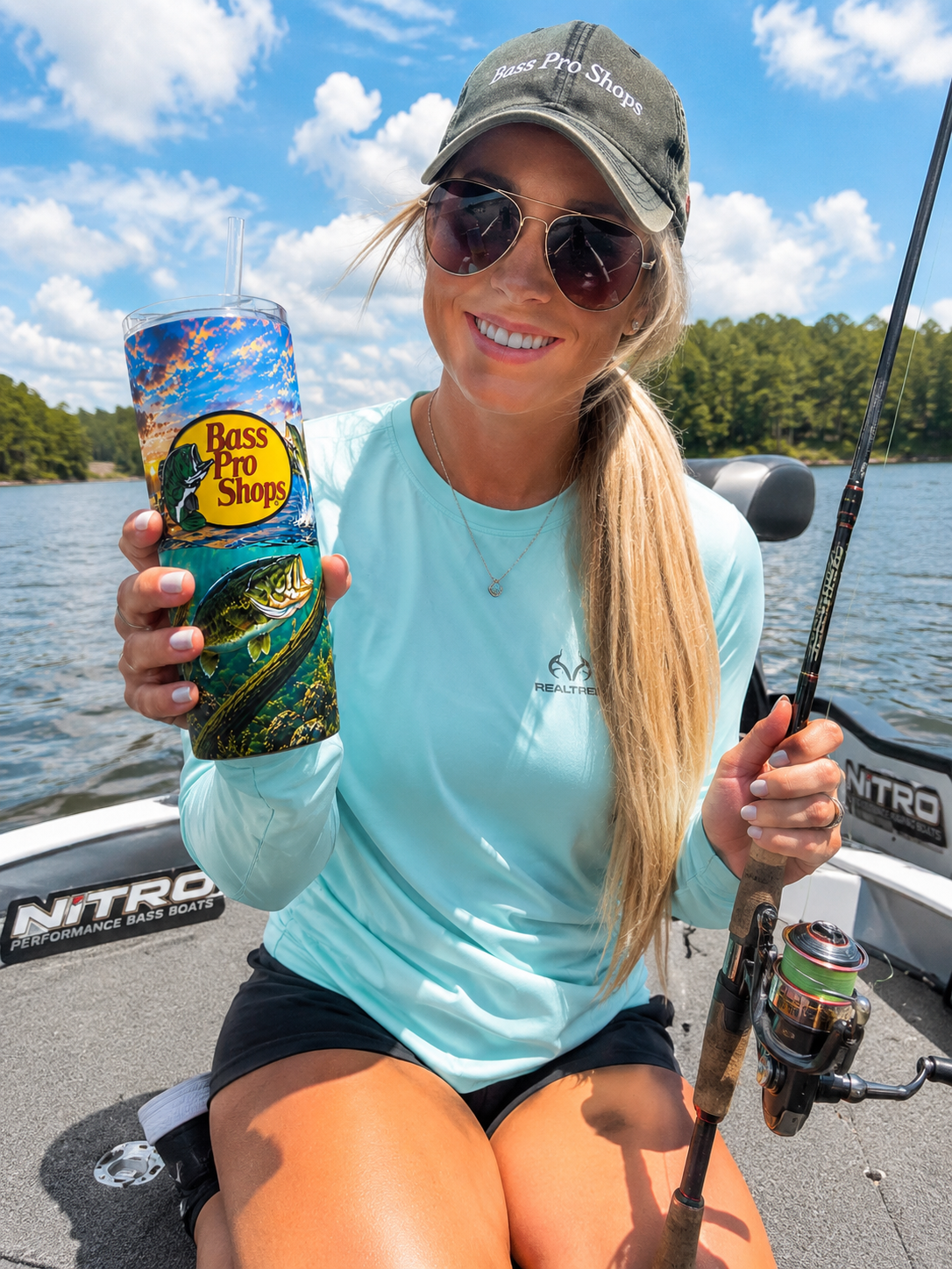 20oz Fishing Tumbler Bass Pro Shops Style Stainless Steel Cup w/ Lid & Straw