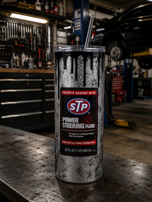 STP Power Steering Fluid 20oz Tumbler w/ Plastic Straw | Mechanic Garage Cup | Double Wall Insulated Gift for Car Lovers