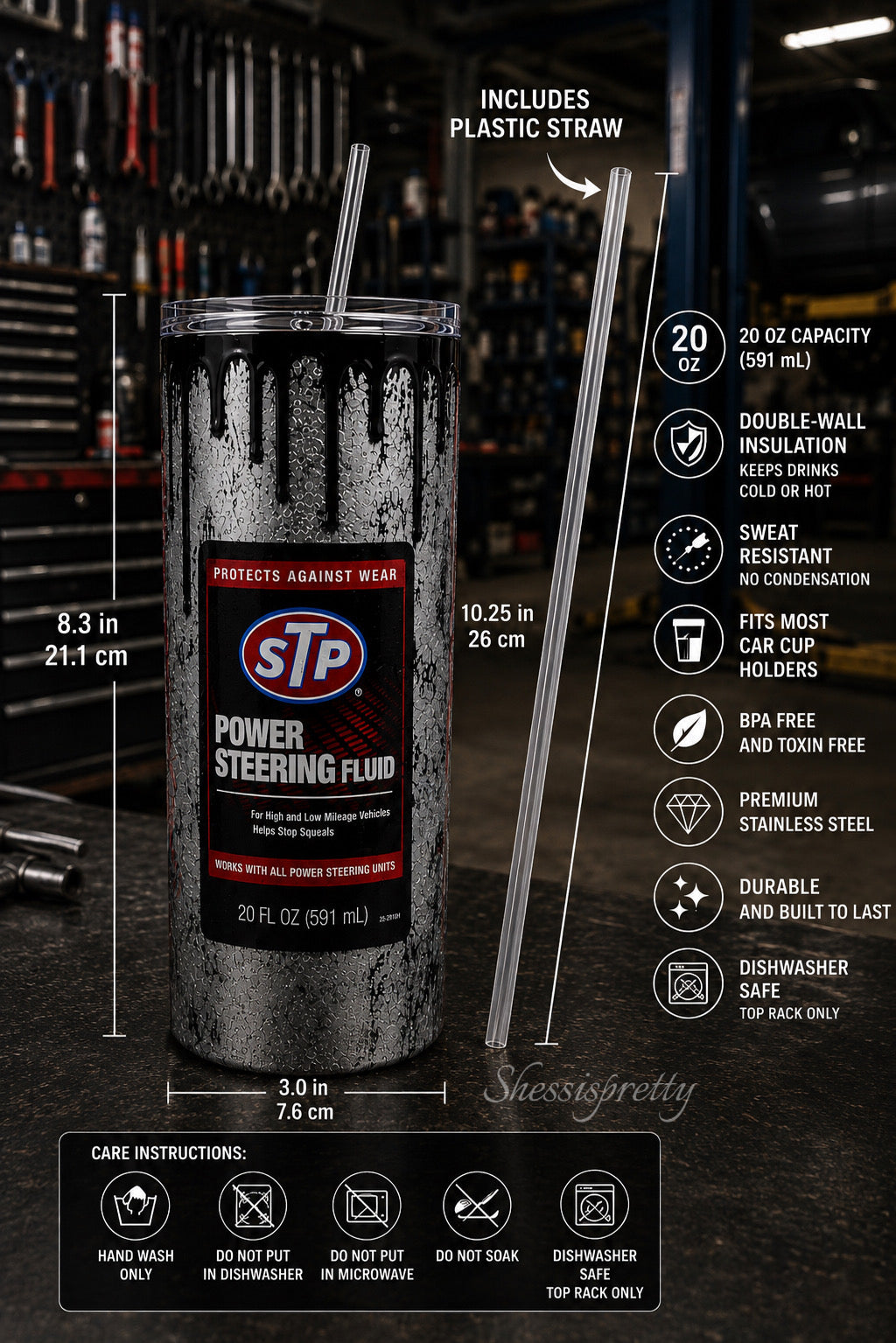 STP Power Steering Fluid 20oz Tumbler w/ Plastic Straw | Mechanic Garage Cup | Double Wall Insulated Gift for Car Lovers